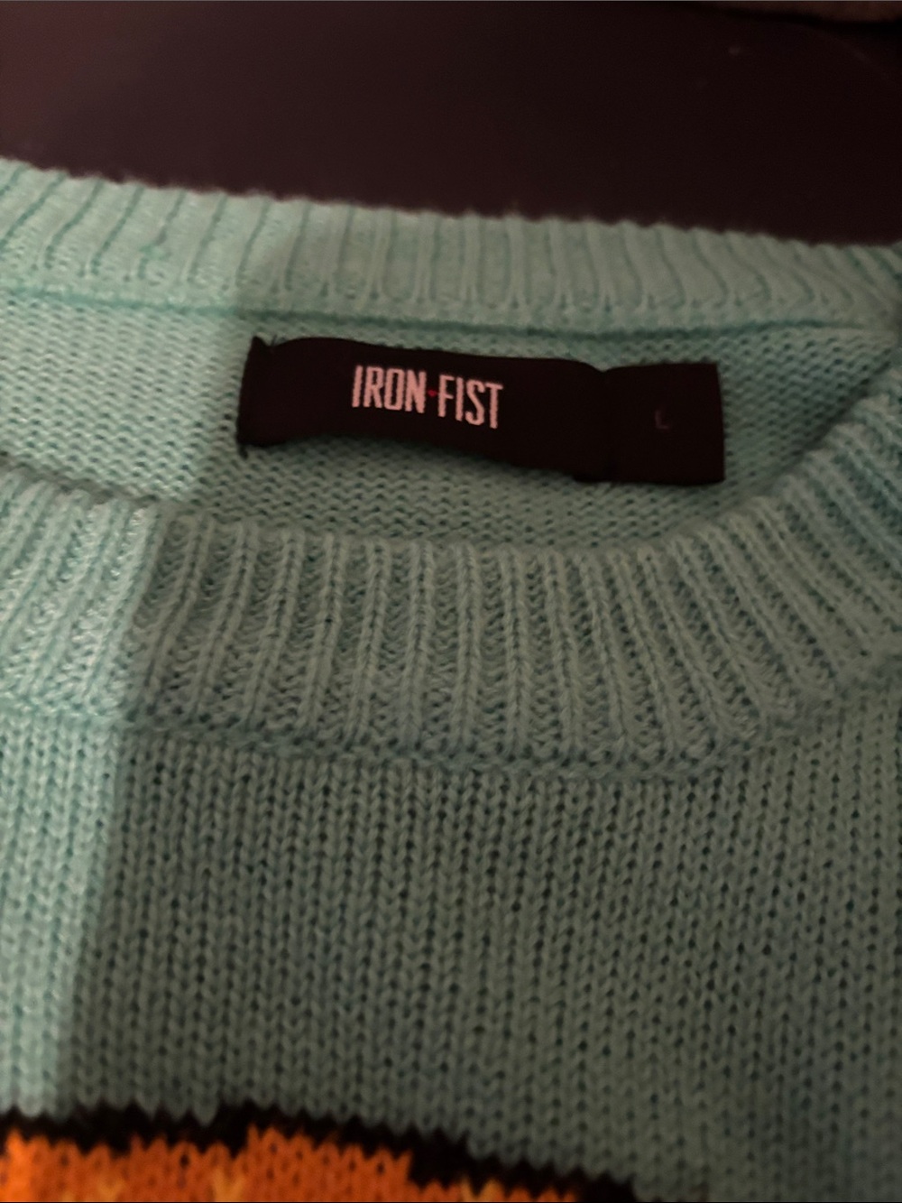 Iron Fist Turquoise Crewneck Sweater with One-Eyed Monster Burger Motif - Picture 2 of 6